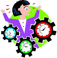 girl or woman in a panic with three clocks set at a different times